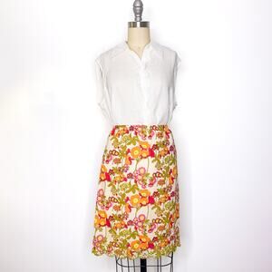 J Jill Retro Multi Color Orange Pink Floral Eyelet Scalloped Hem Cotton Skirt L